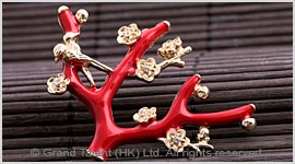 Red Coral Branch Enamel Brooch