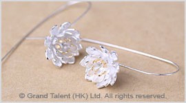 Silver Lotus Long Hook Earrings