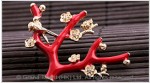 Red Coral Branch Enamel Brooch